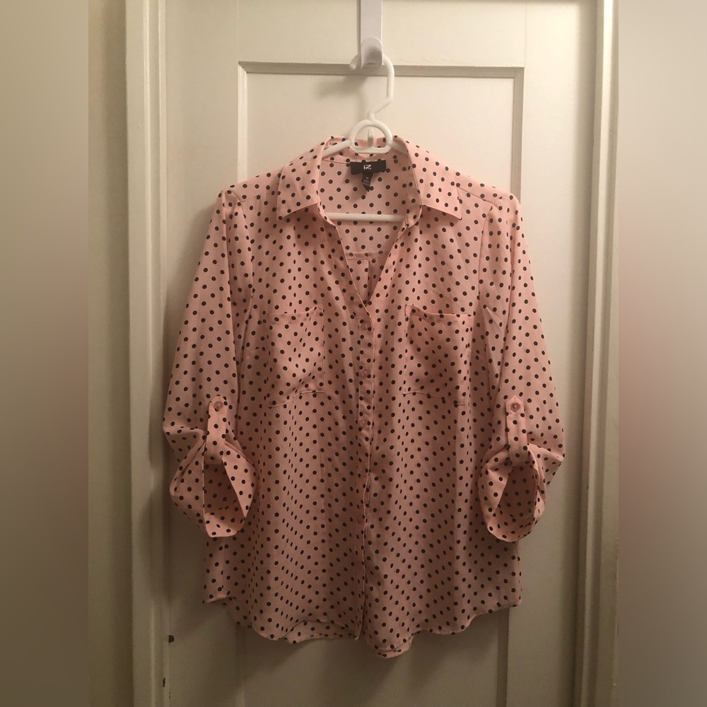 IZ Byer Pink Blouse with Black Polka Dots